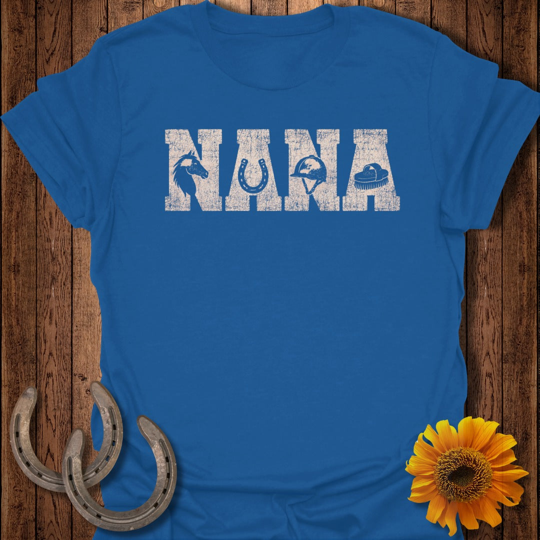 Blue t-shirt with "NANA" text and equestrian graphics.