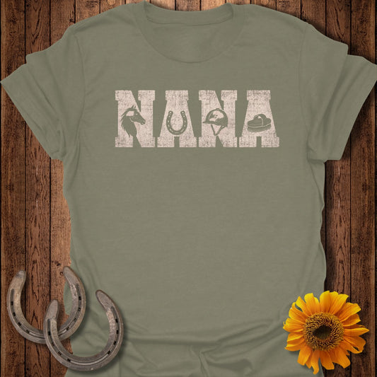 Olive green t-shirt with "NANA" in distressed equestrian-themed lettering.