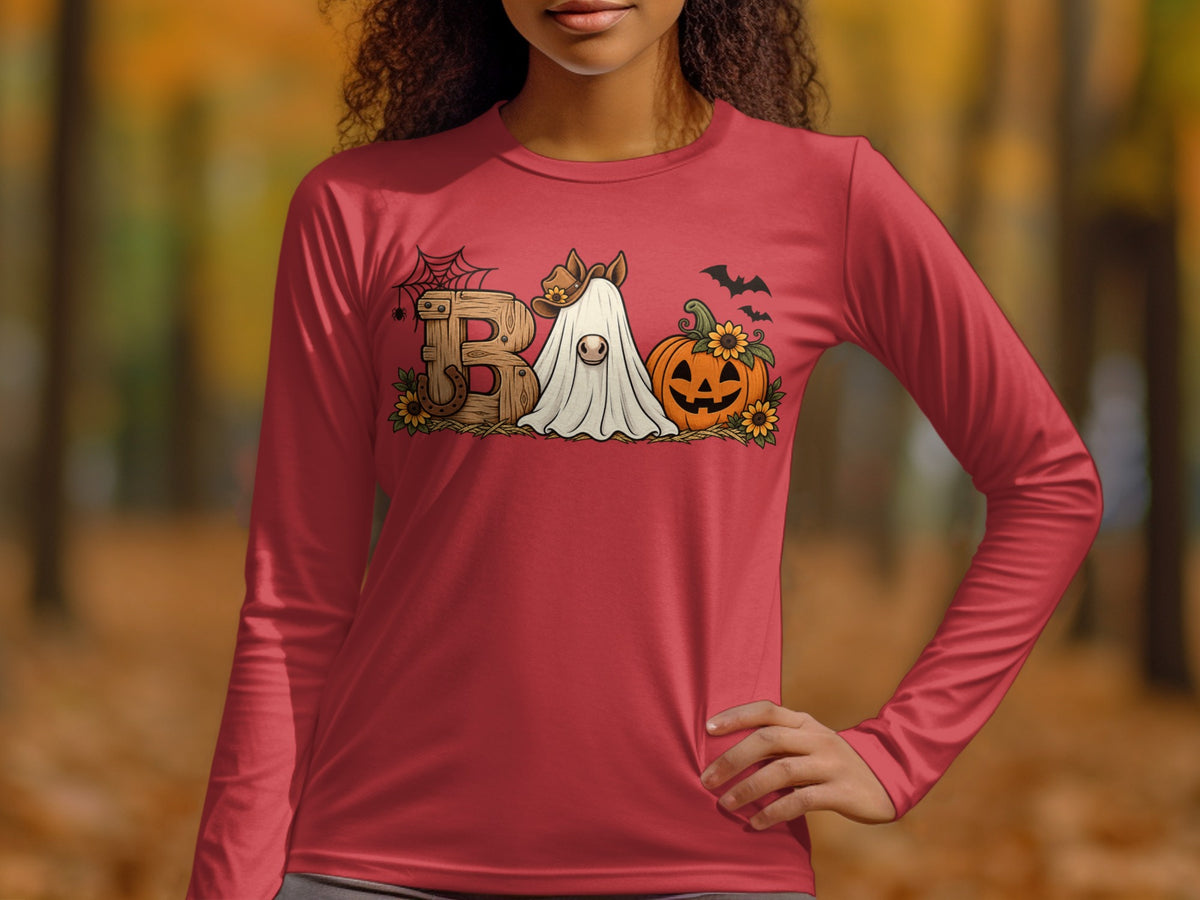 Red long sleeve shirt with "BAA" Halloween graphic featuring a ghost horse and jack-o'-lantern.