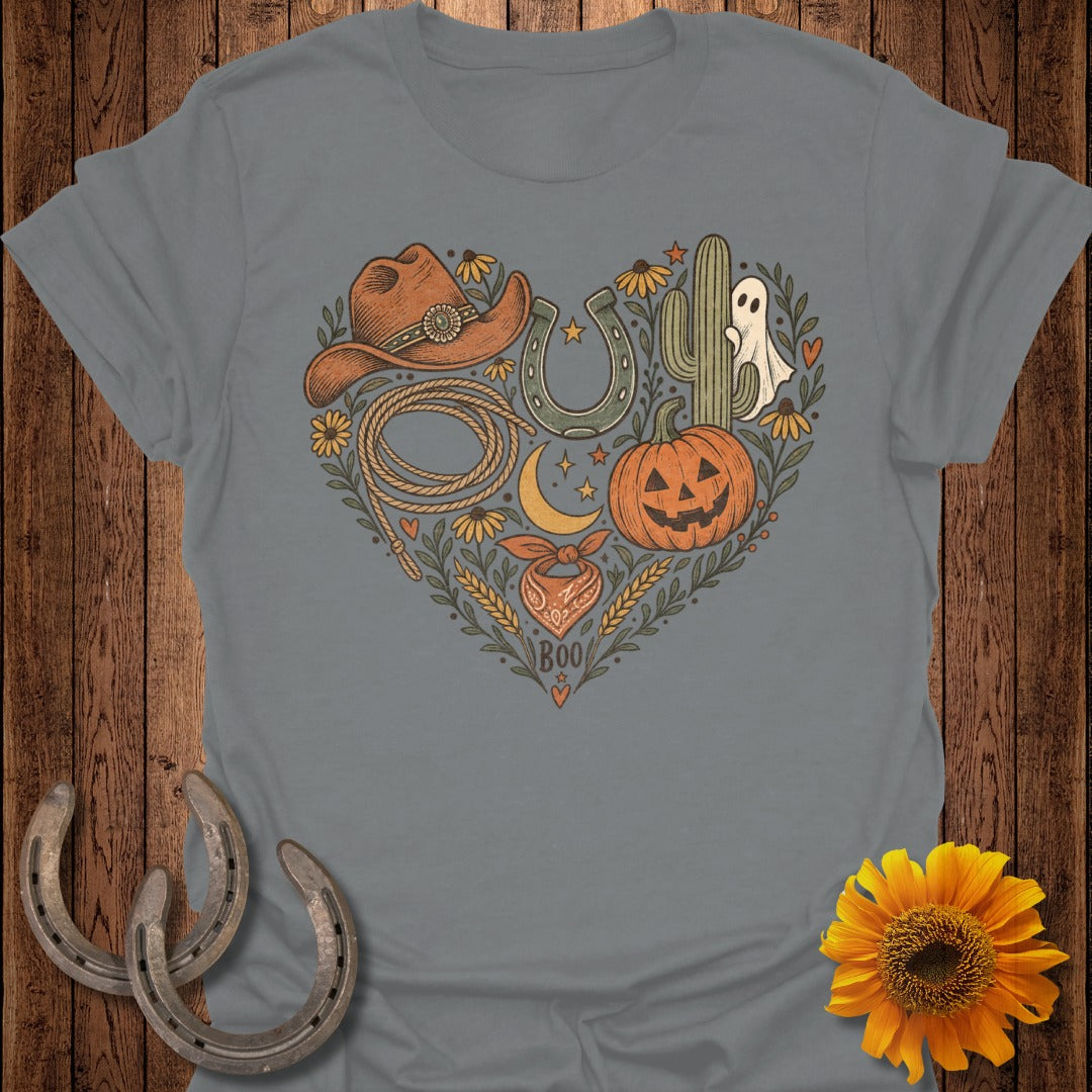 Grey t-shirt with heart design featuring cowboy hat, rope, pumpkin, ghost, cactus, and bandana.