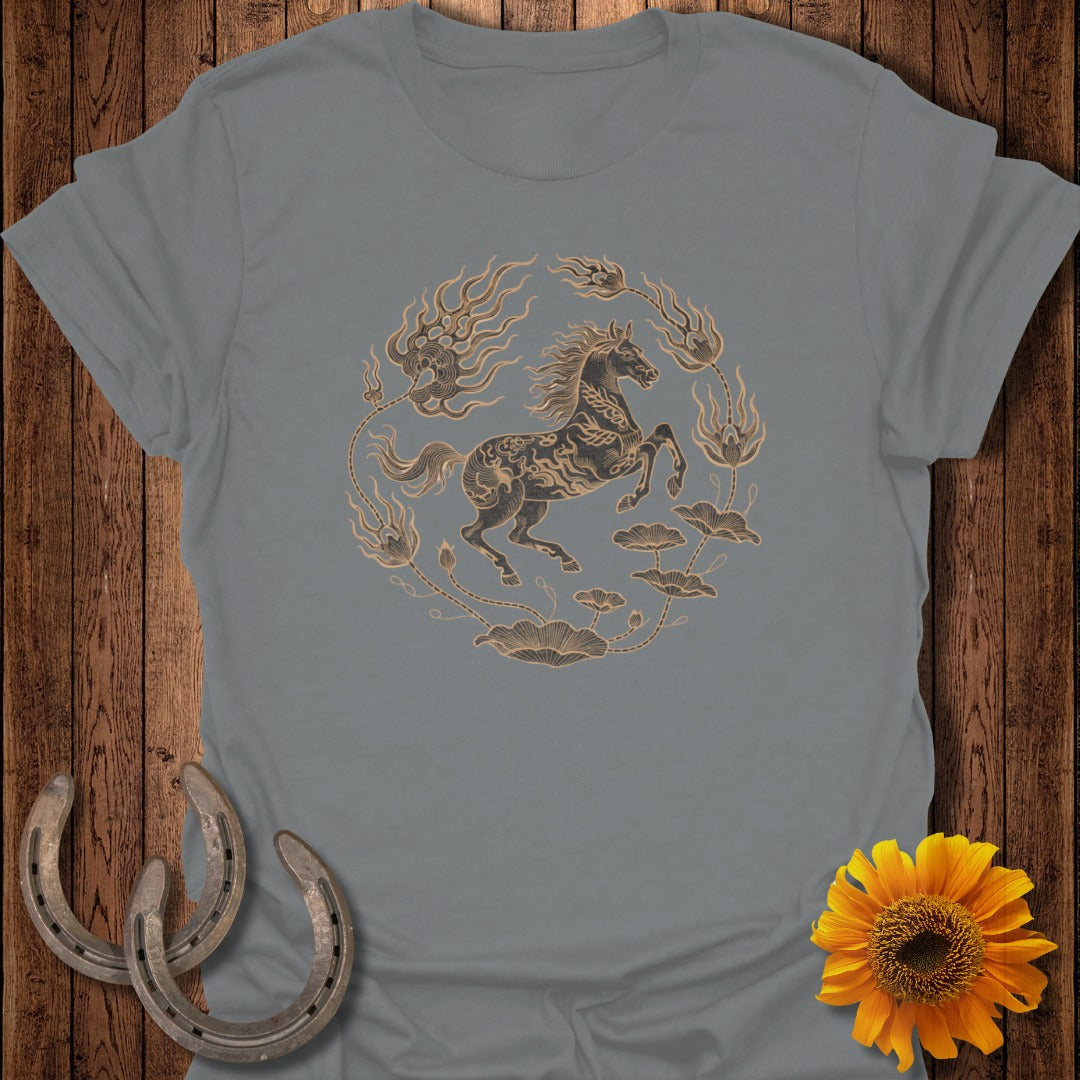 Grey t-shirt with a circular design of a horse surrounded by clouds and flowers.