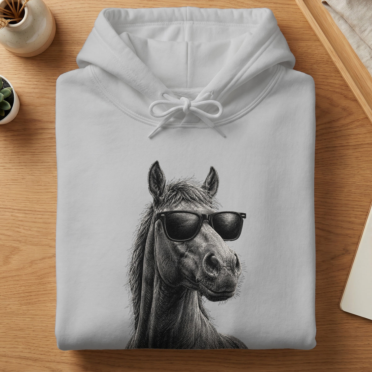 White hoodie with a black ink drawing of a horse wearing sunglasses.