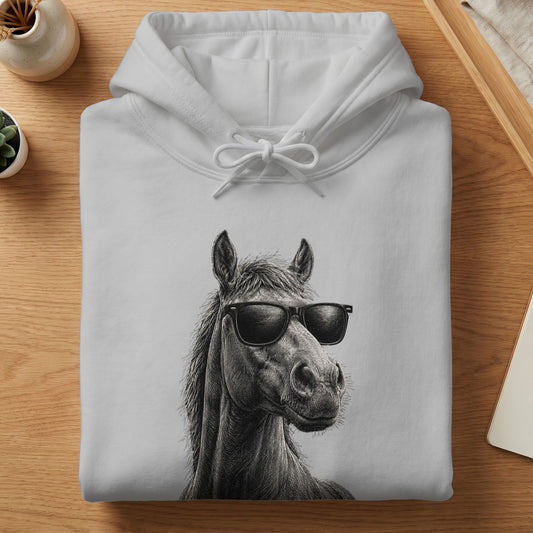 White hoodie with a black ink drawing of a horse wearing sunglasses.