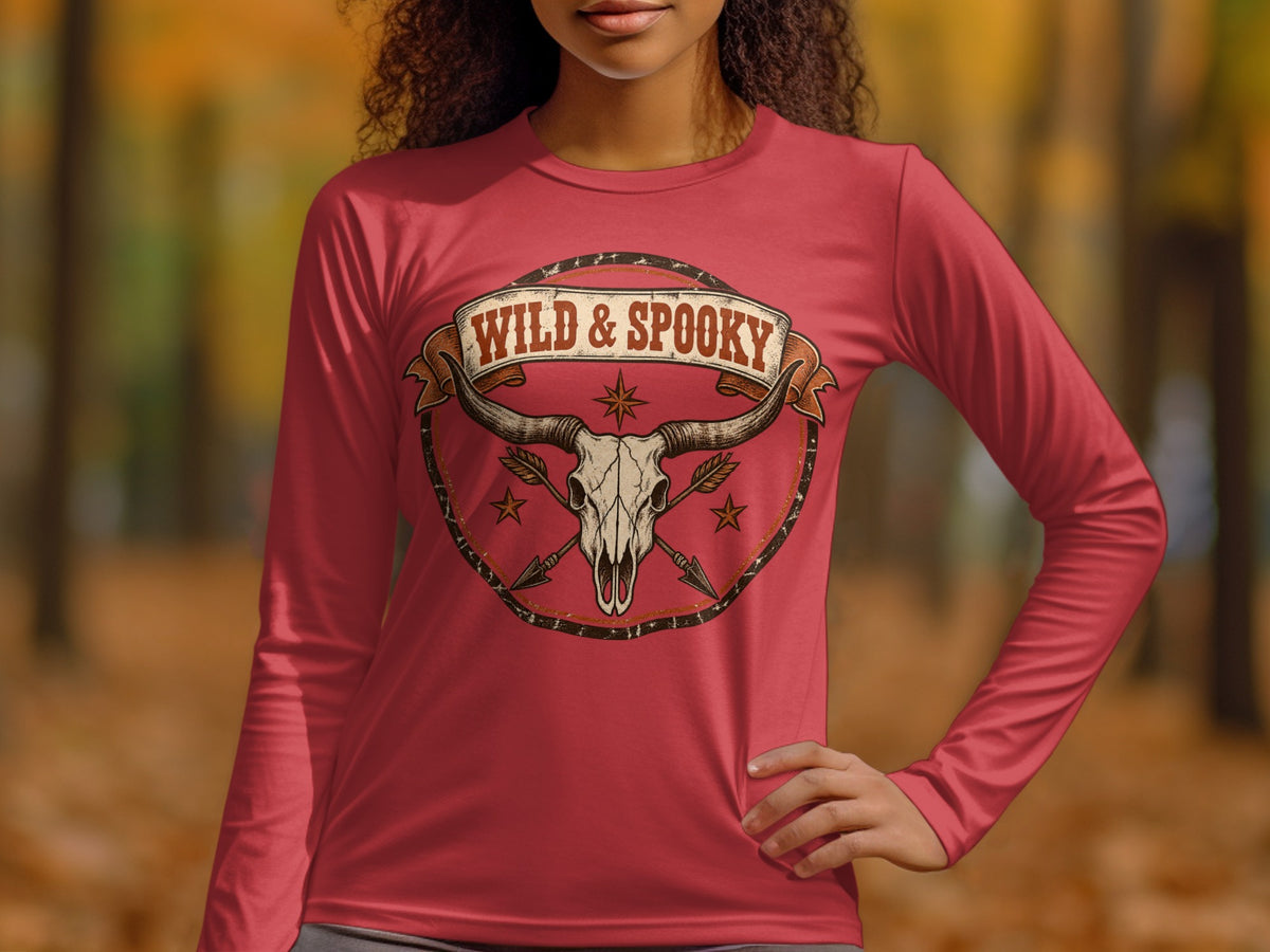 Long sleeve red t-shirt with skull, arrows, and "WILD & SPOOKY" text graphic.