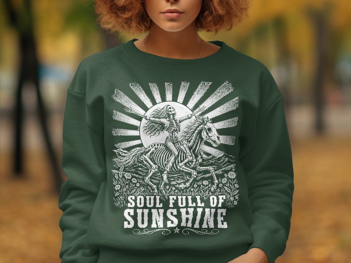 Skeleton rider on horseback with "Soul Full of Sunshine" text.