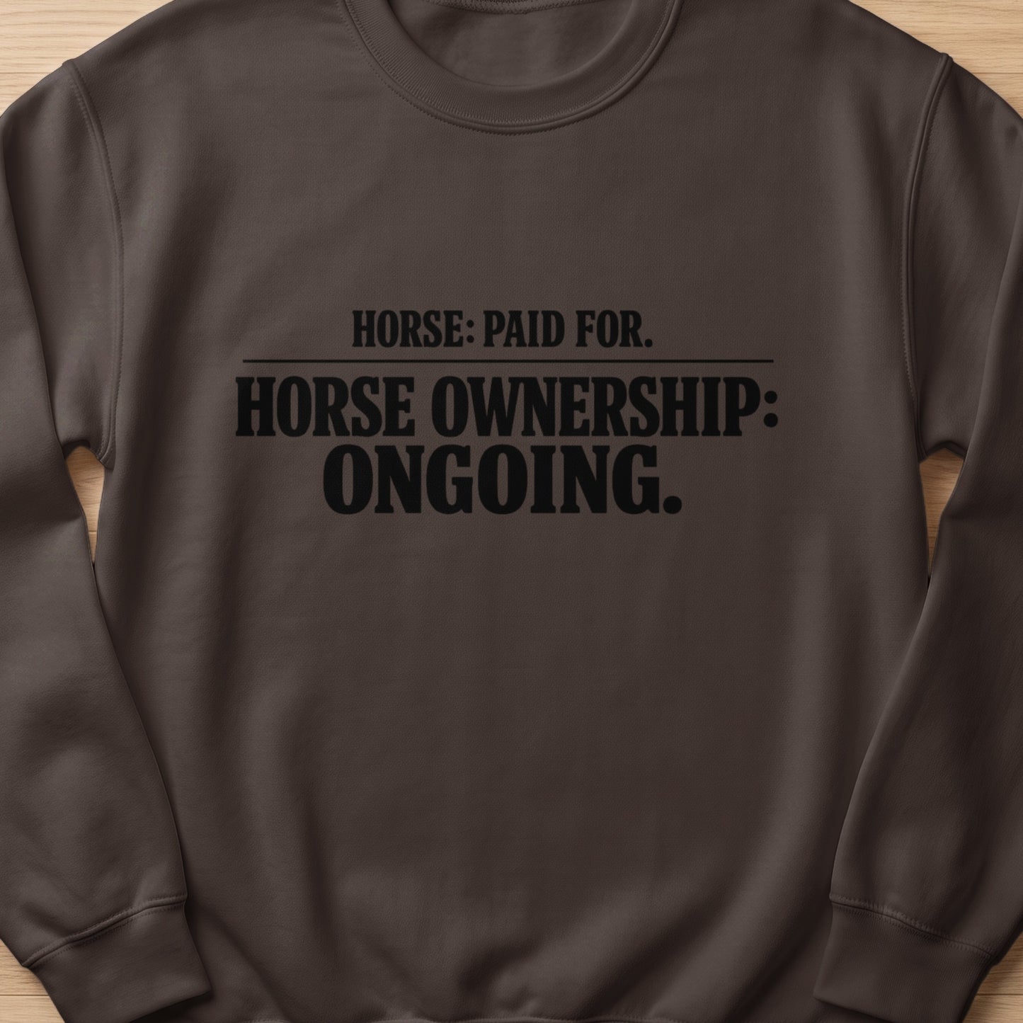 Brown sweatshirt with "Horse: Paid For. Horse Ownership: Ongoing." text.