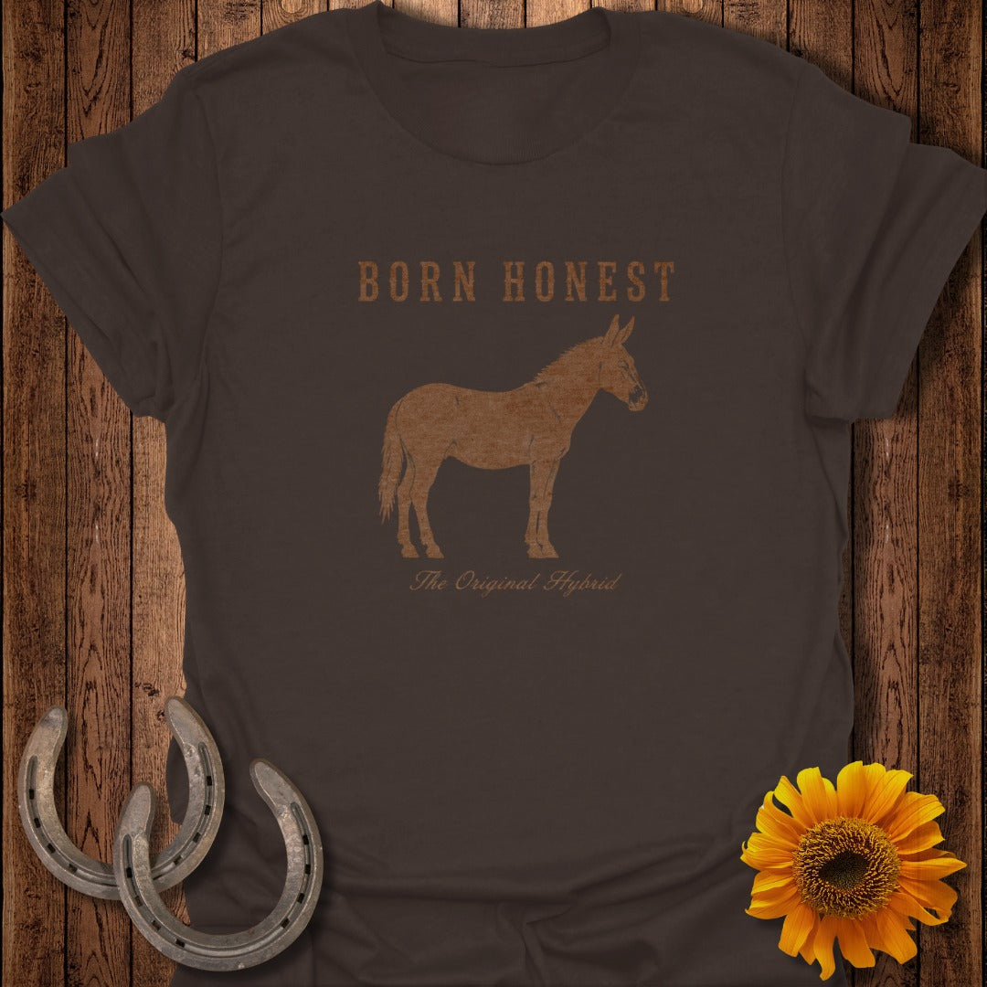 Brown t-shirt with "BORN HONEST The Original Hybrid" text and a donkey graphic.