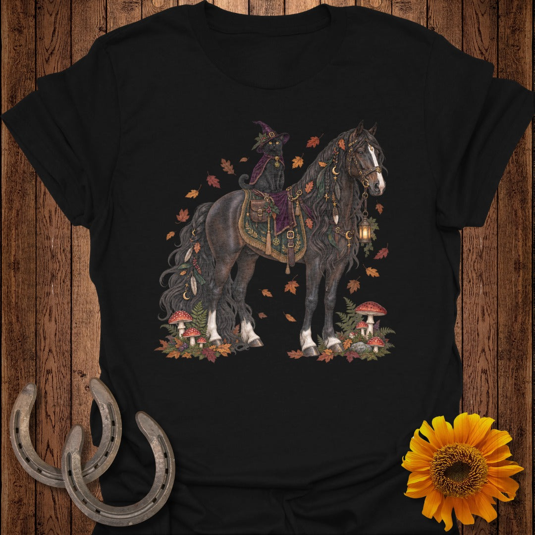 Black cat in witch hat rides decorated horse among autumn leaves and mushrooms.