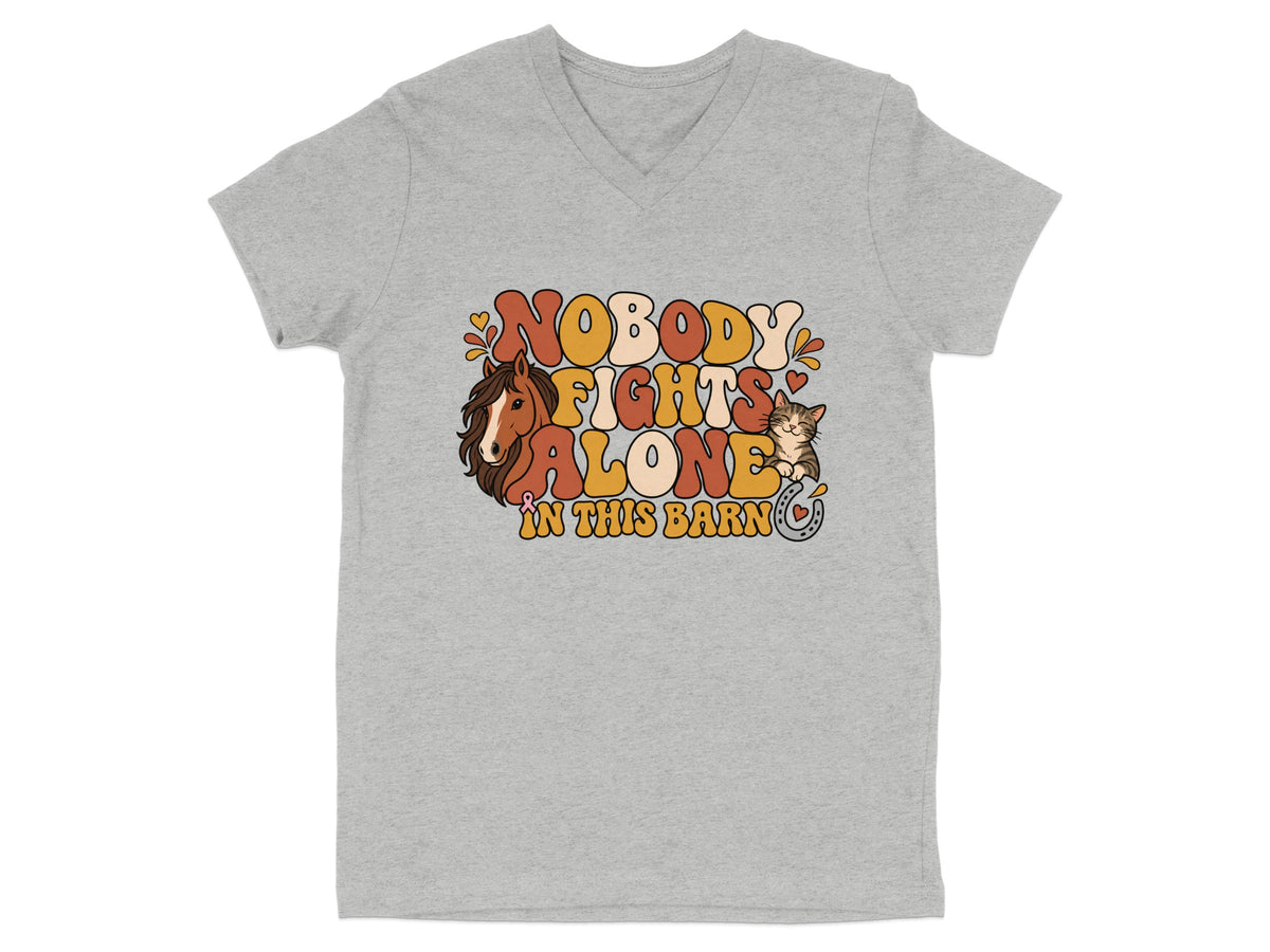 Graphic on gray v-neck shirt with horse, cat, horseshoe, and text "Nobody Fights Alone In This Barn".
