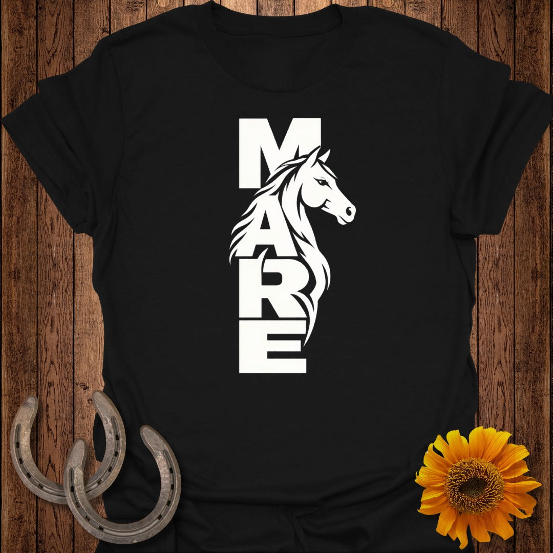 Black t-shirt with white "MARE" text and horse silhouette graphic.