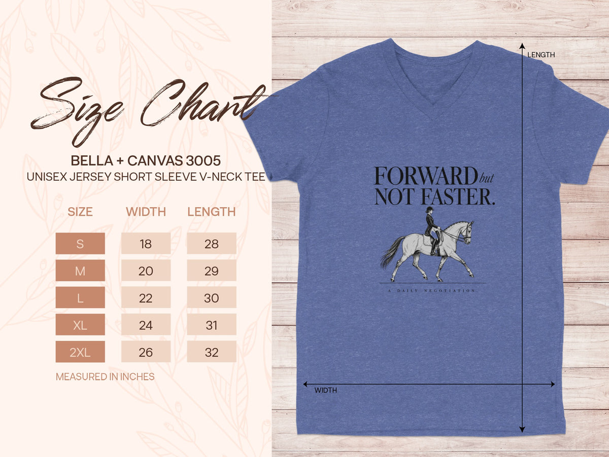 Size chart for Bella+Canvas 3005 unisex v-neck tee with equestrian graphic.