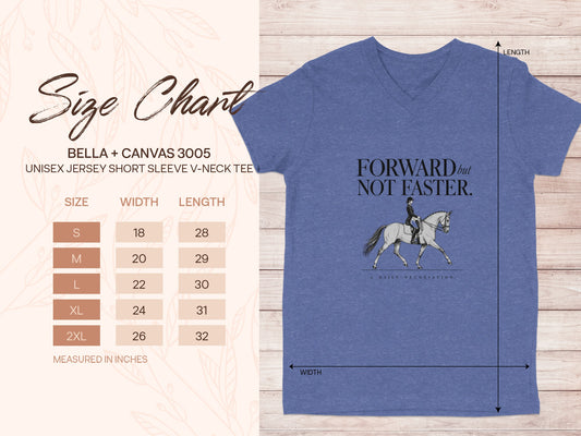 Size chart for Bella+Canvas 3005 unisex v-neck tee with equestrian graphic.