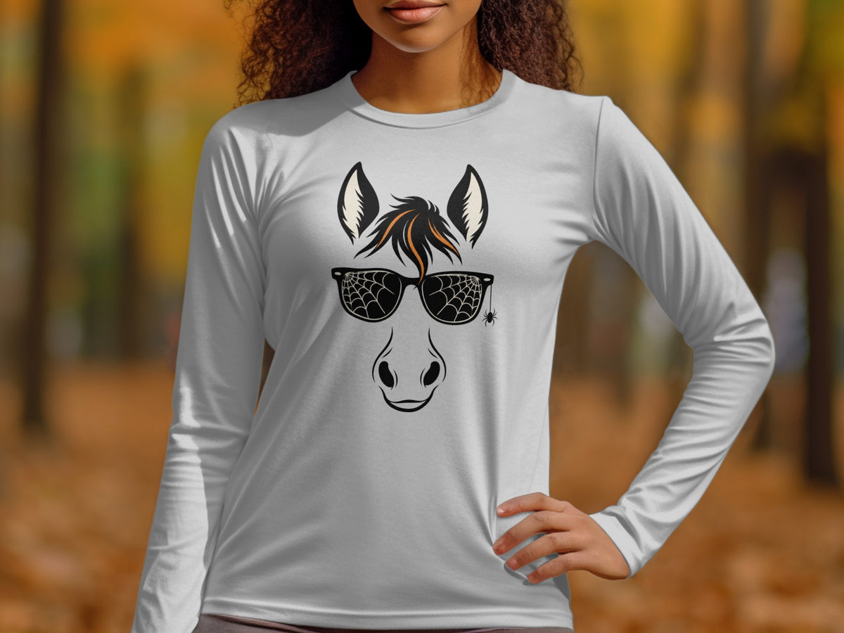 Horse face graphic with spider web sunglasses and a small spider on a long-sleeve shirt.