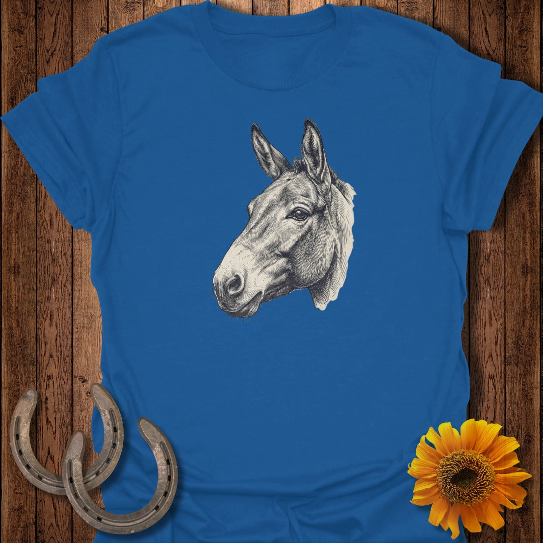 T-shirt featuring a detailed sketch of a horse's head with horseshoes and sunflower.
