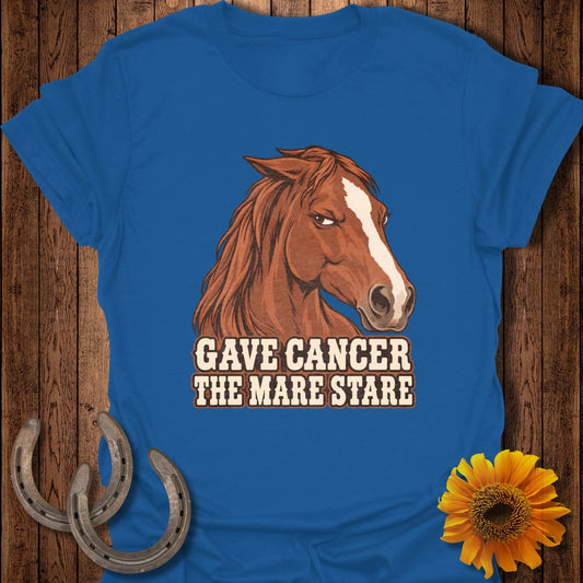 Blue t-shirt with horse illustration and text: Gave Cancer The Mare Stare.