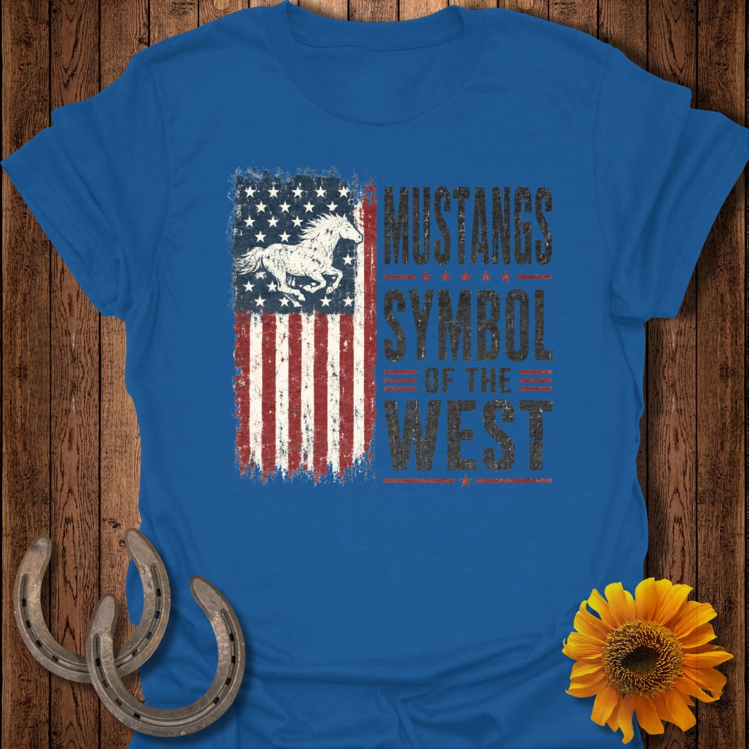 Blue t-shirt with distressed American flag and running horse graphic, text reads "Mustangs Symbol of the West".