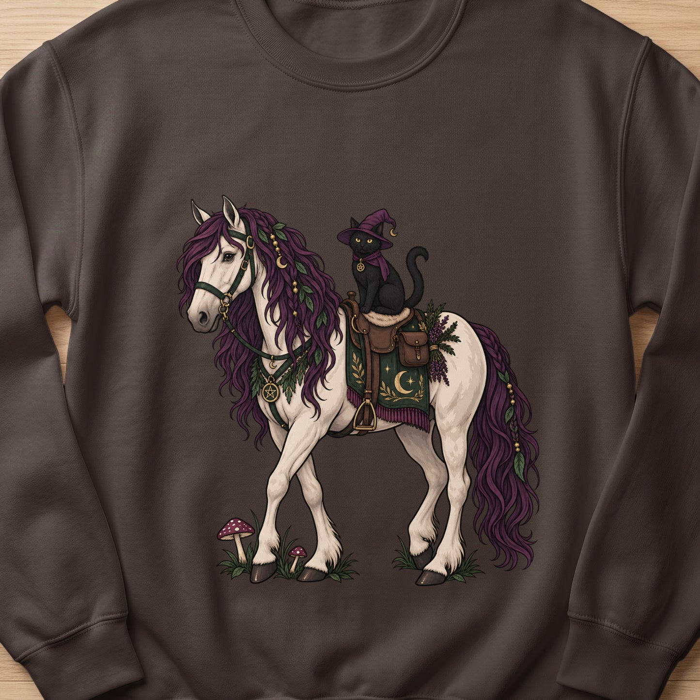 White horse with purple mane and tail, ridden by a black cat in a witch hat.