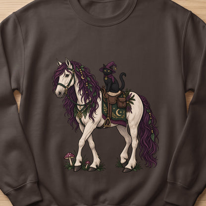 White horse with purple mane and tail, ridden by a black cat in a witch hat.