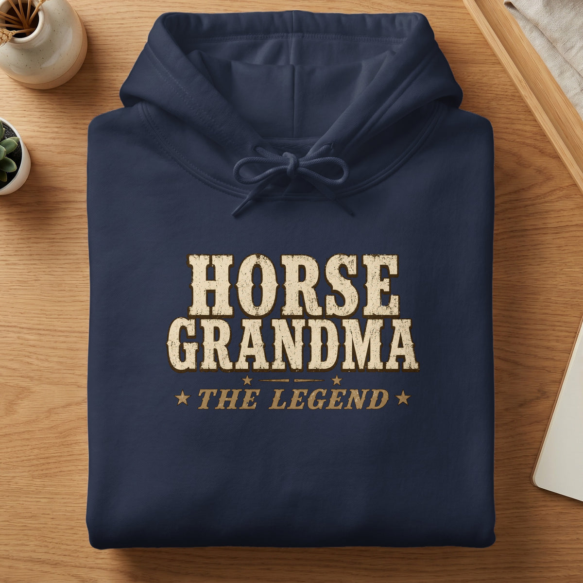 Navy blue hoodie with "HORSE GRANDMA THE LEGEND" text.