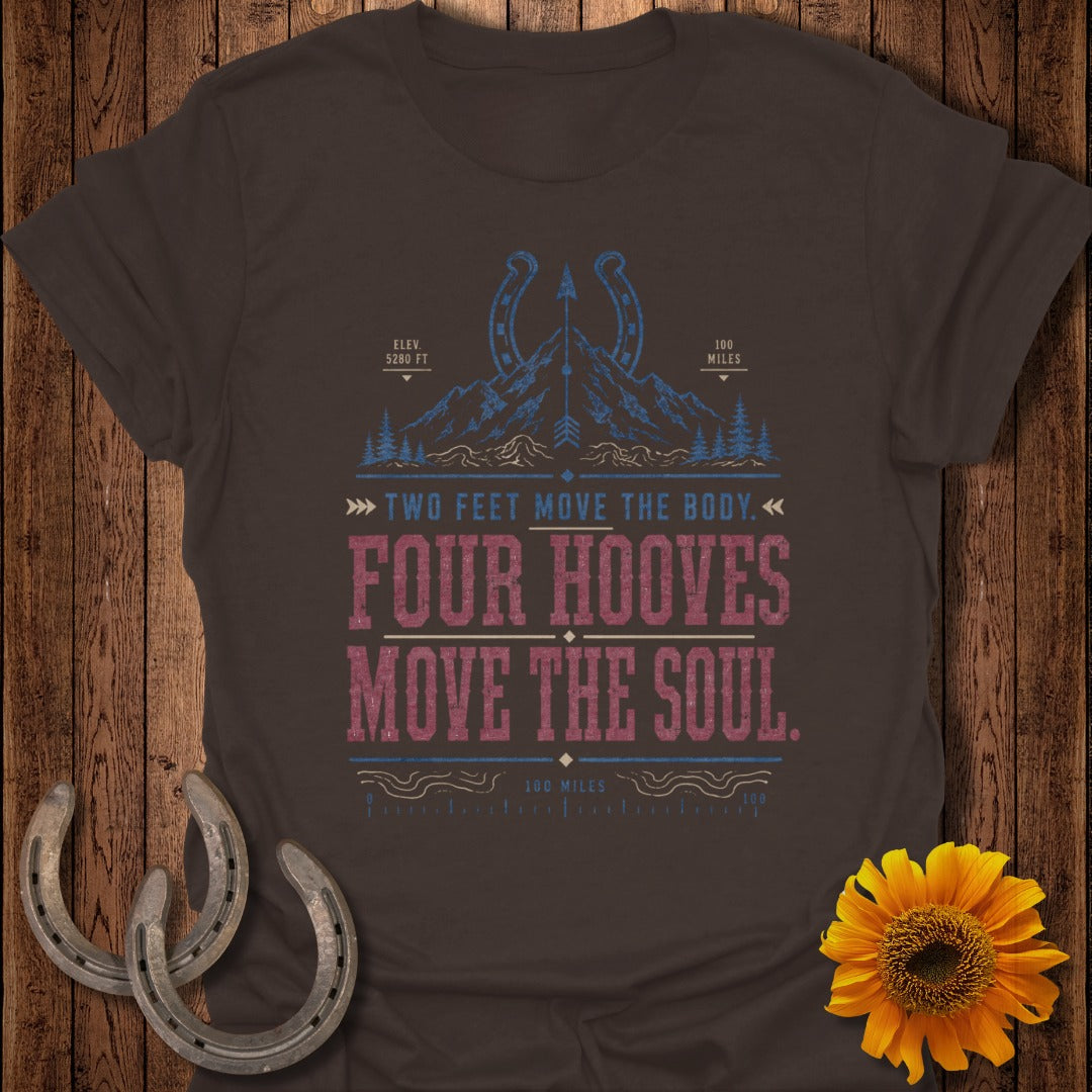 Brown t-shirt with mountain and horseshoe graphic, "Four Hooves Move The Soul."