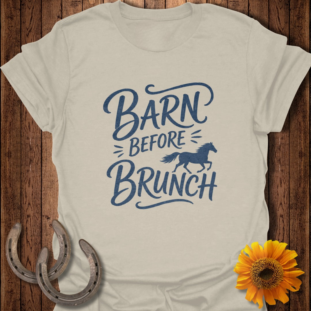 Light beige t-shirt with "Barn Before Brunch" text and a blue horse graphic.
