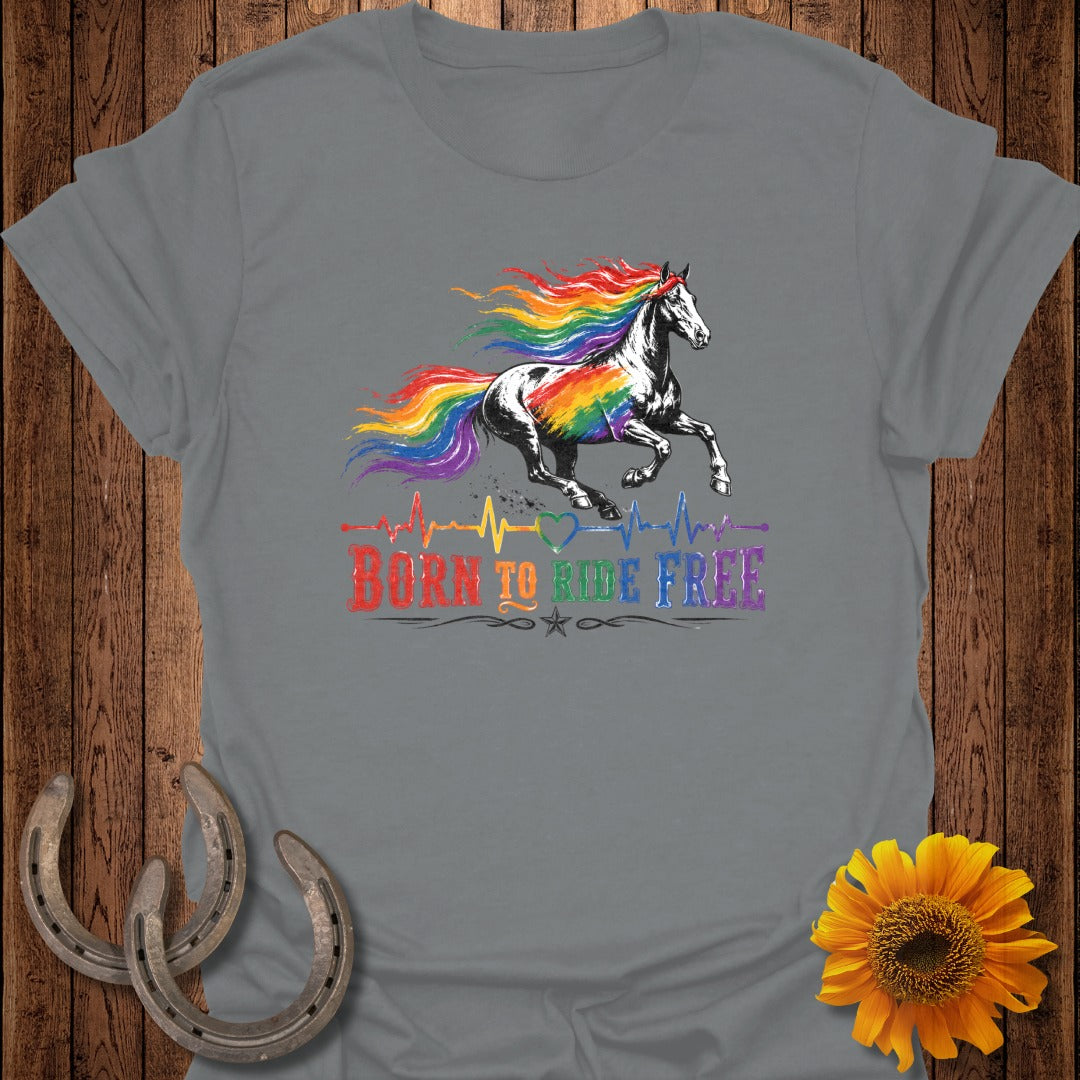 Grey t-shirt with a rainbow mane horse and "Born to Ride Free" text.
