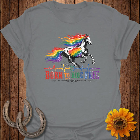 Grey t-shirt with a rainbow mane horse and "Born to Ride Free" text.