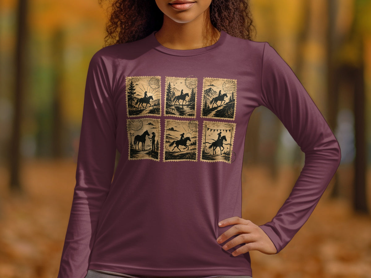 Long-sleeve t-shirt with six stamp-like graphics of people riding horses in nature.