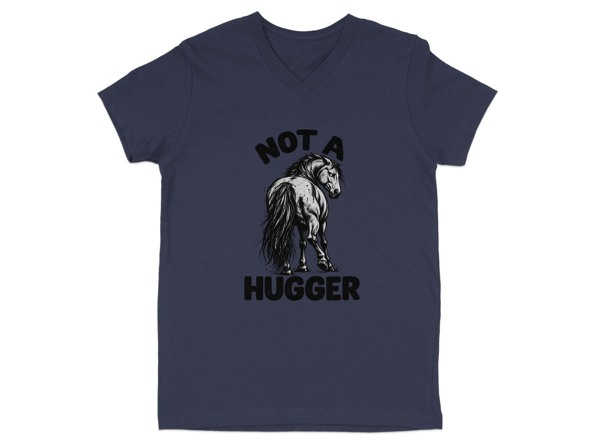 Dark blue v-neck t-shirt with a horse graphic and the text "NOT A HUGGER".