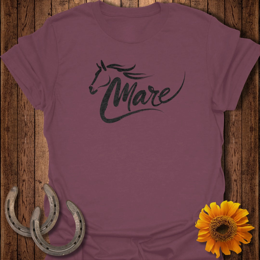 Maroon t-shirt with "Mare" in cursive and two horseshoes.