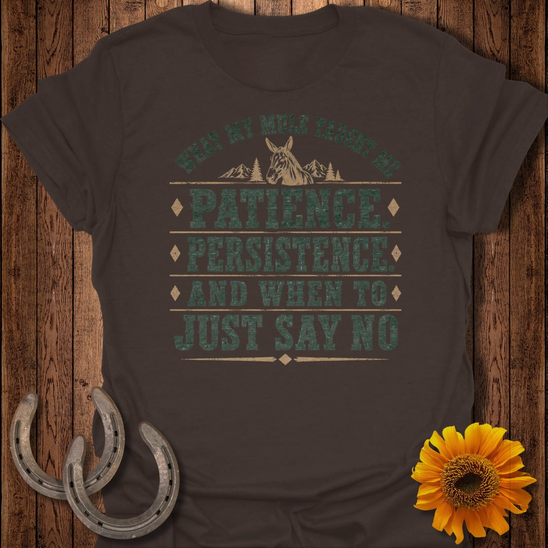 Brown t-shirt with text: "What my mule taught me: Patience. Persistence. And when to just say no."