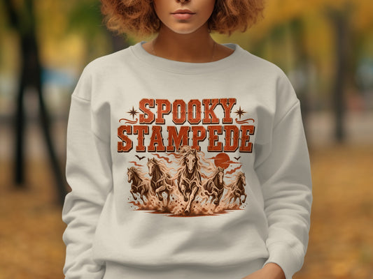 White sweatshirt with "Spooky Stampede" text and galloping horses graphic.
