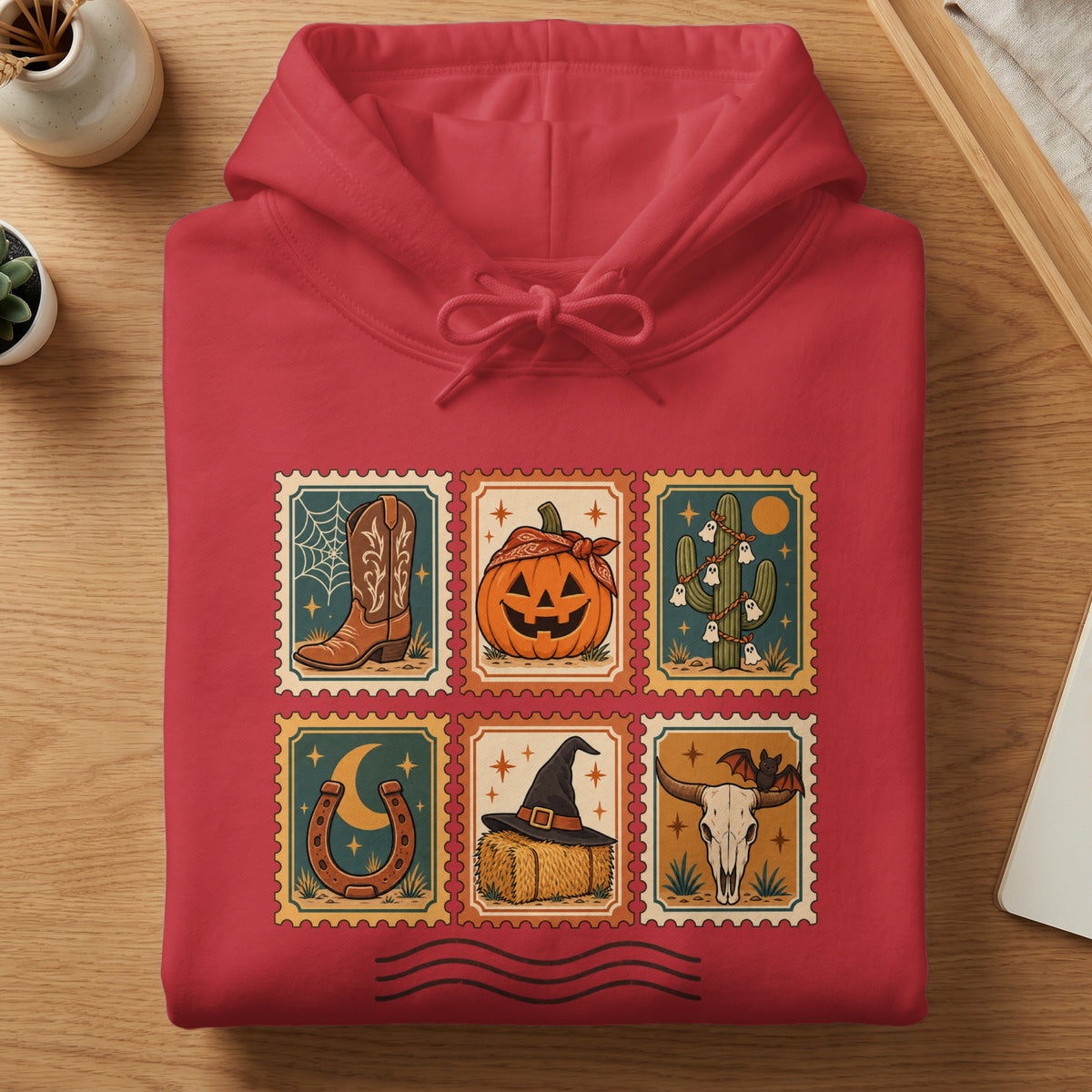 Red hoodie with six Halloween-themed postage stamp graphics.