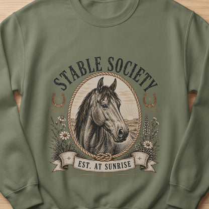 Horse head in oval frame with "Stable Society" text above and "Est. at Sunrise" below.