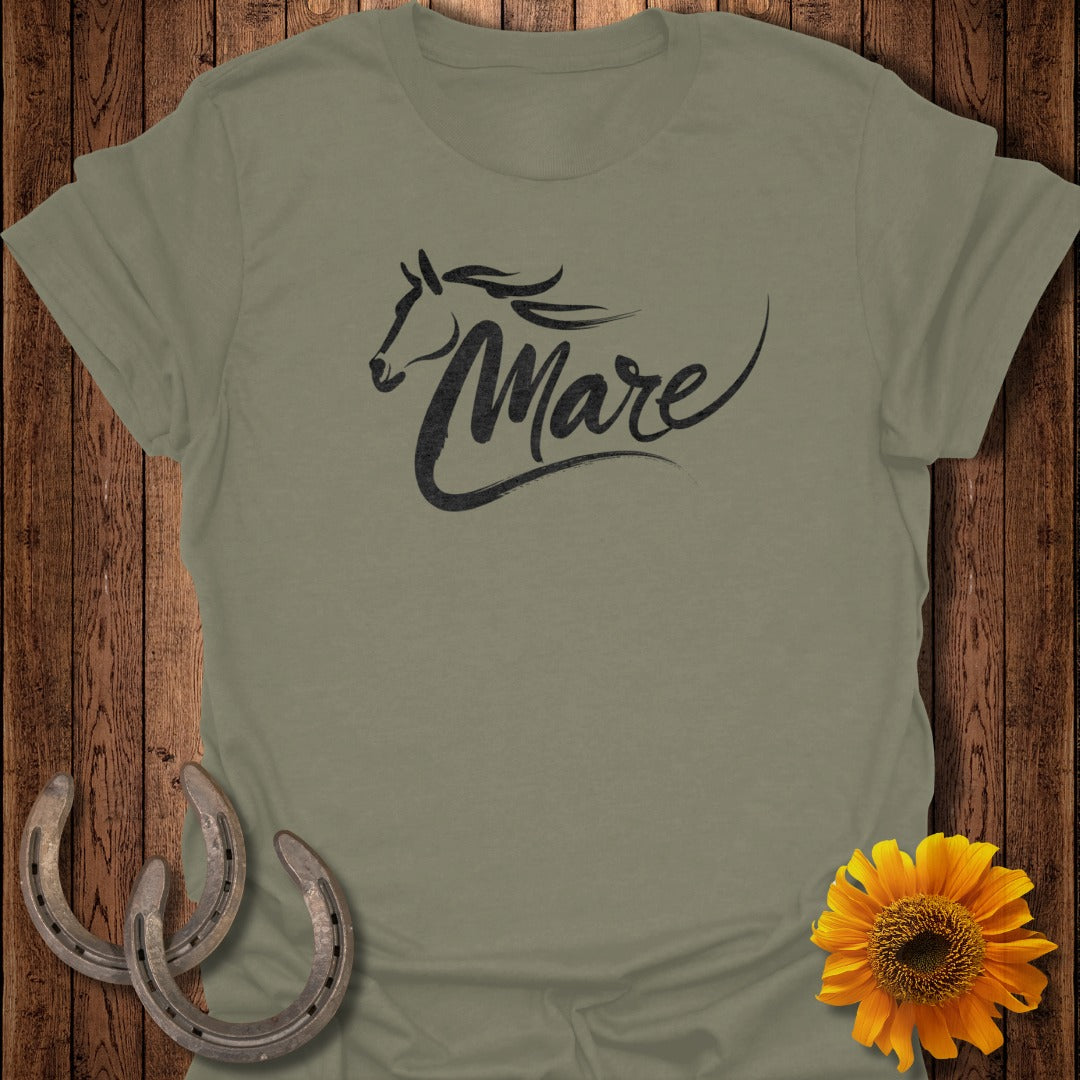Olive green t-shirt with a black cursive "Mare" text and horse silhouette.