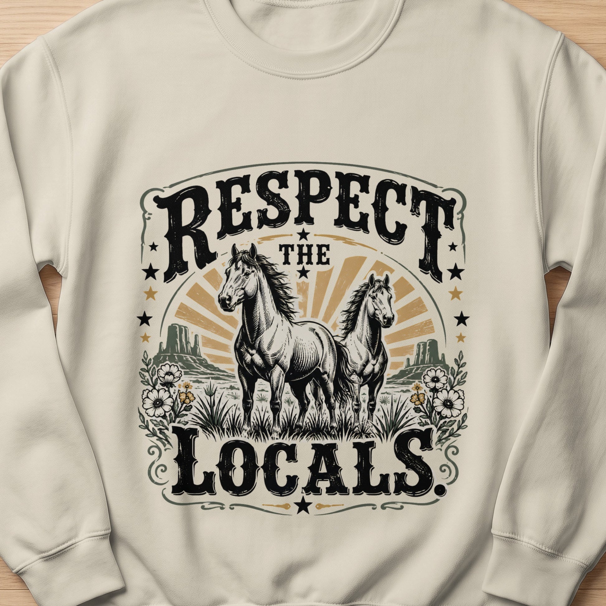 Two horses stand in a desert landscape with text that reads "RESPECT THE LOCALS."