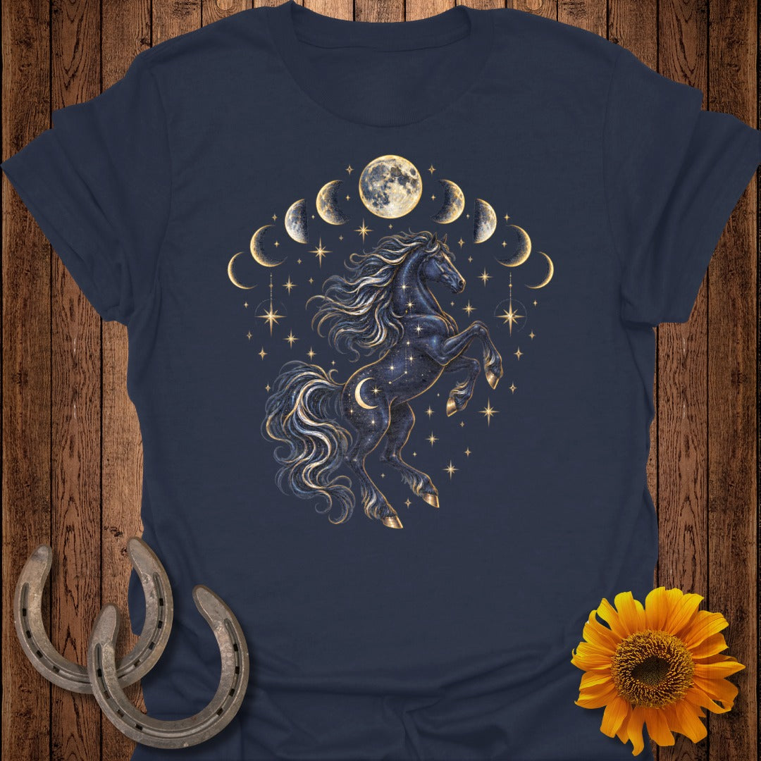 Navy t-shirt with a black horse, moon phases, and stars graphic.