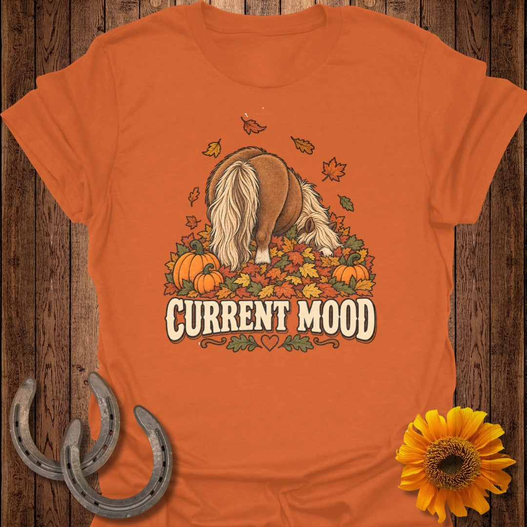 T-shirt graphic of a pony with pumpkins and fall leaves, saying "Current Mood".