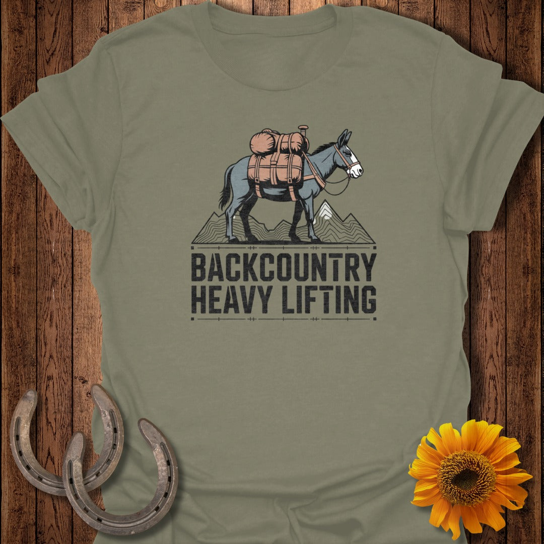 T-shirt with "BACKCOUNTRY HEAVY LIFTING" text and a mule carrying a pack.