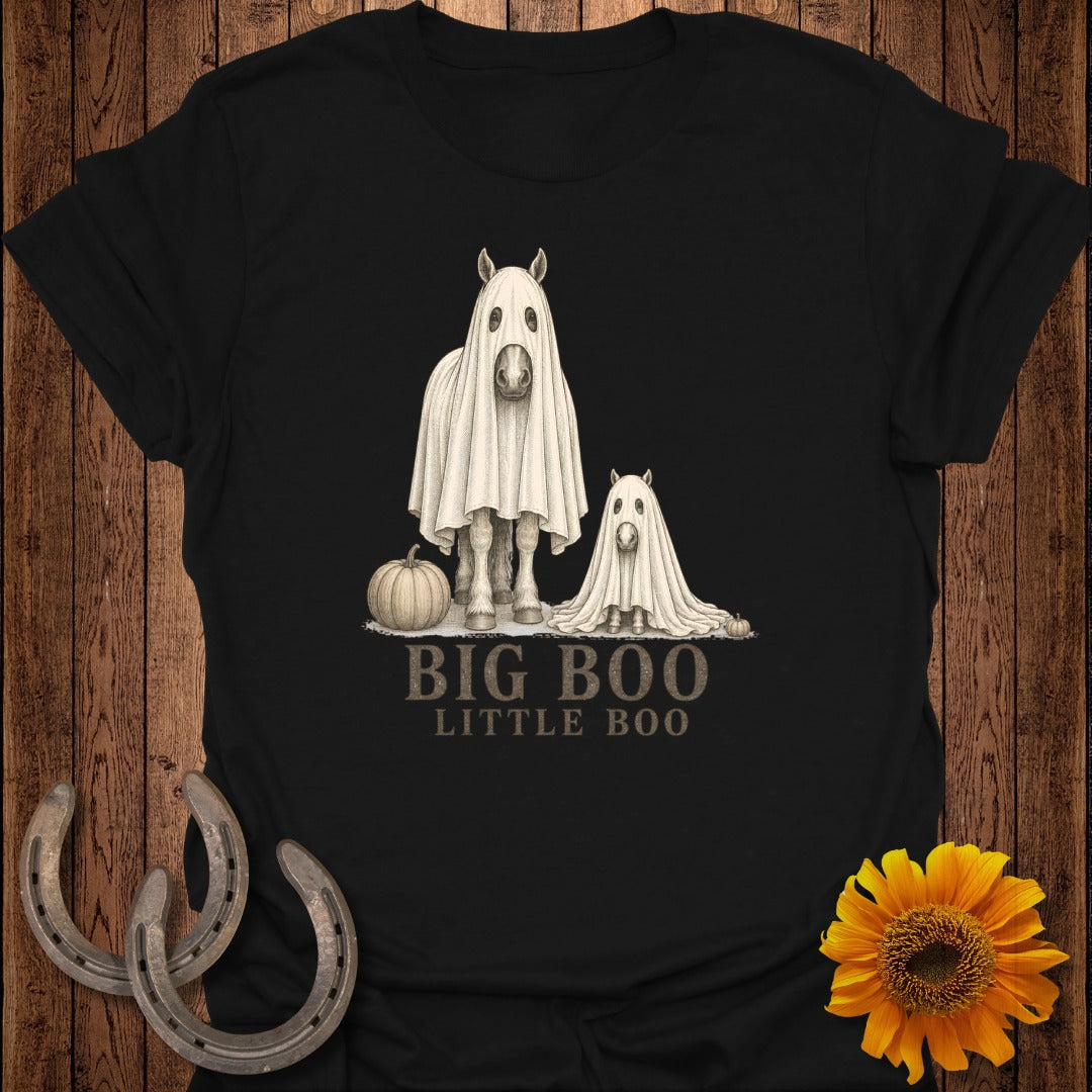 Two horses dressed as ghosts with "BIG BOO LITTLE BOO" text.