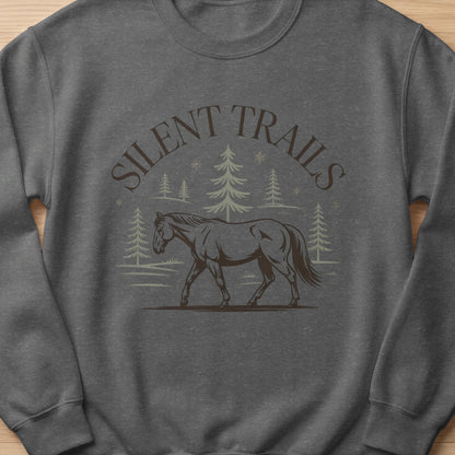 Dark grey sweatshirt with "SILENT TRAILS" text and a horse and trees graphic.
