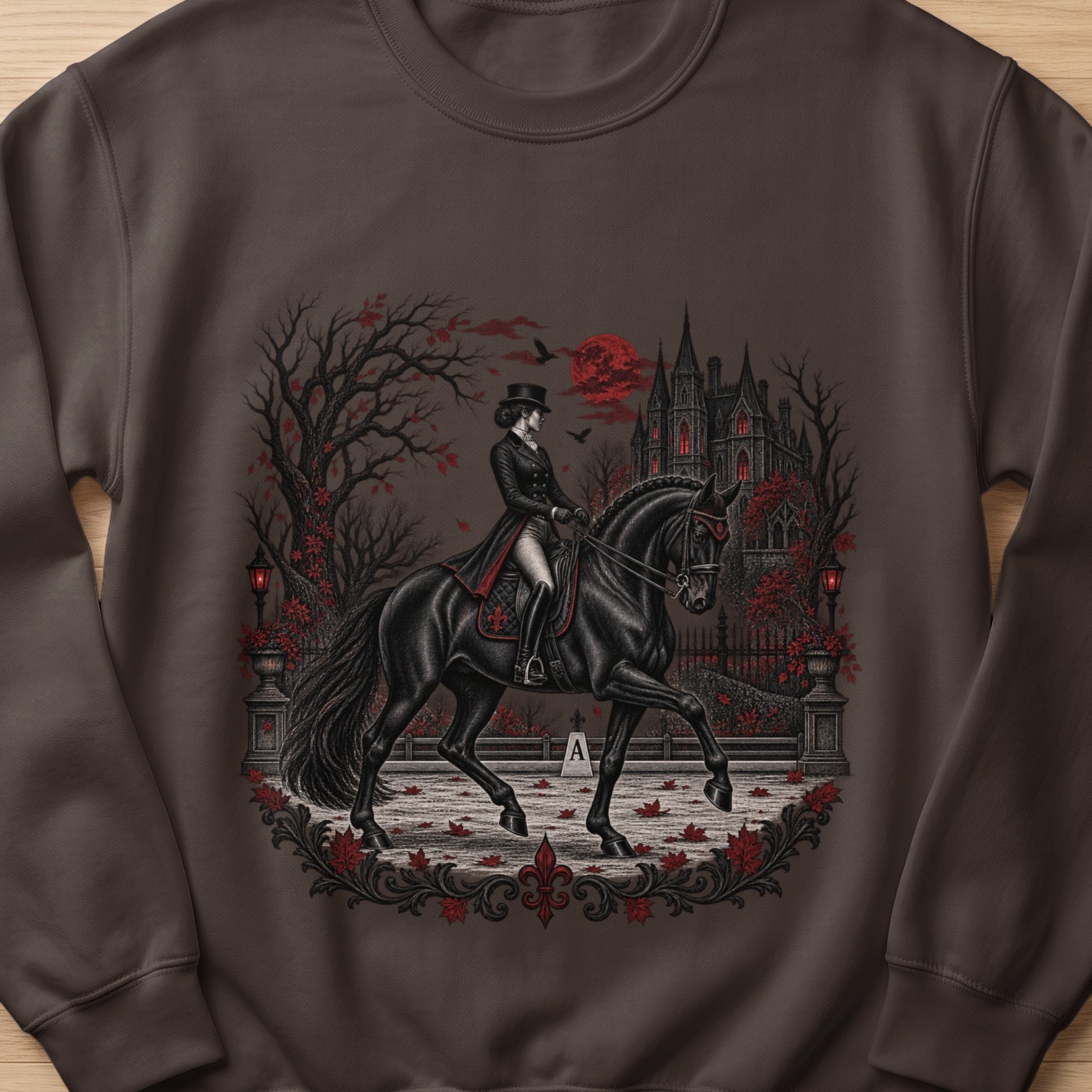 Woman in top hat rides black horse past gothic castle under red moon.