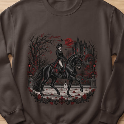Woman in top hat rides black horse past gothic castle under red moon.