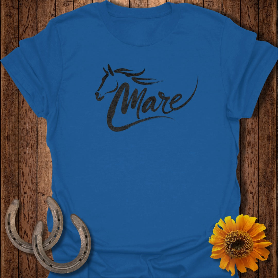 Blue t-shirt with "Mare" written in black horse silhouette design.