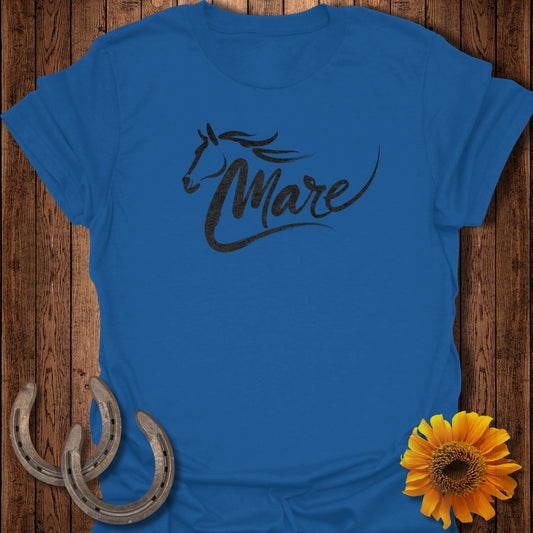 Blue t-shirt with "Mare" written in black horse silhouette design.