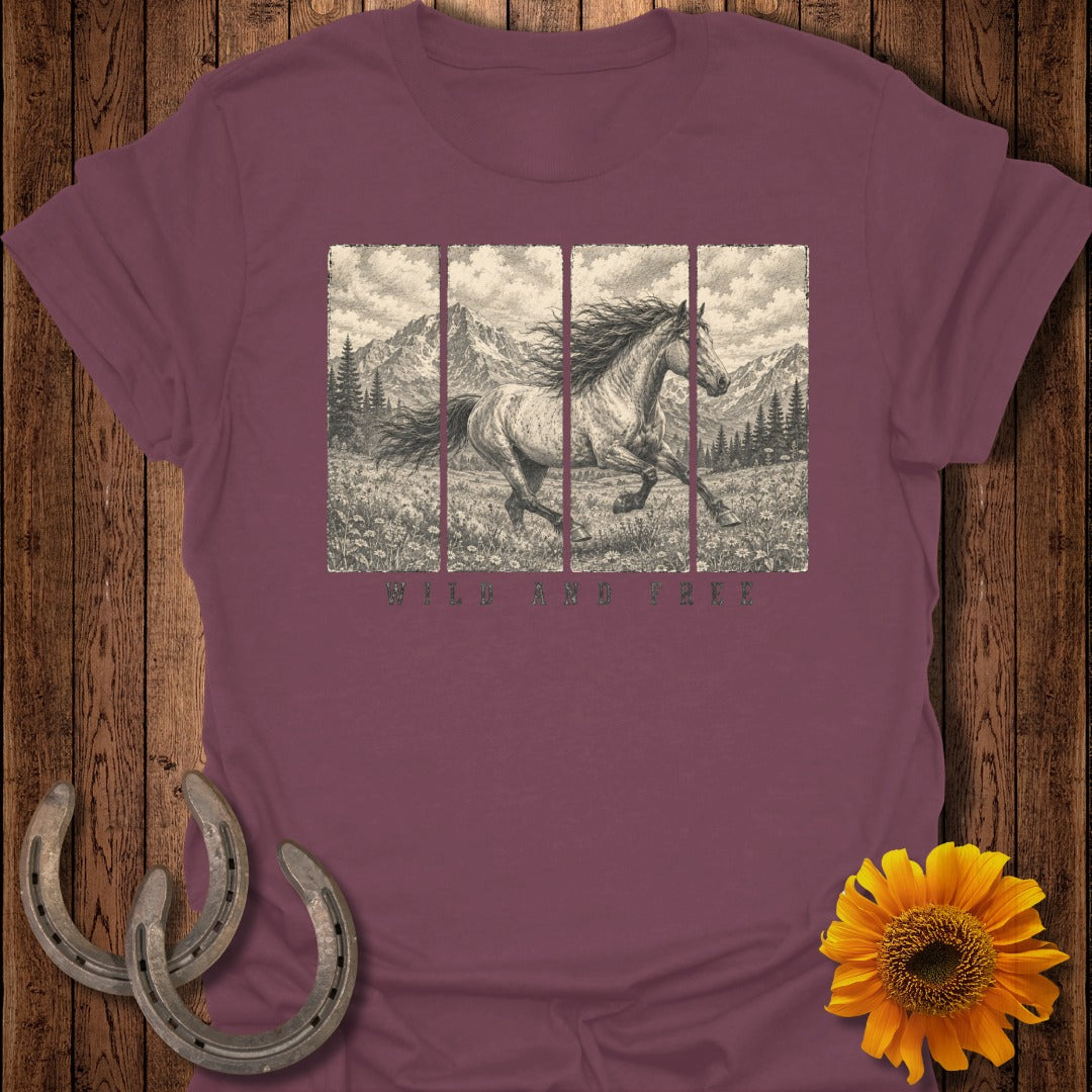 Maroon t-shirt with sketch of horse running in field, "Wild and Free" text.