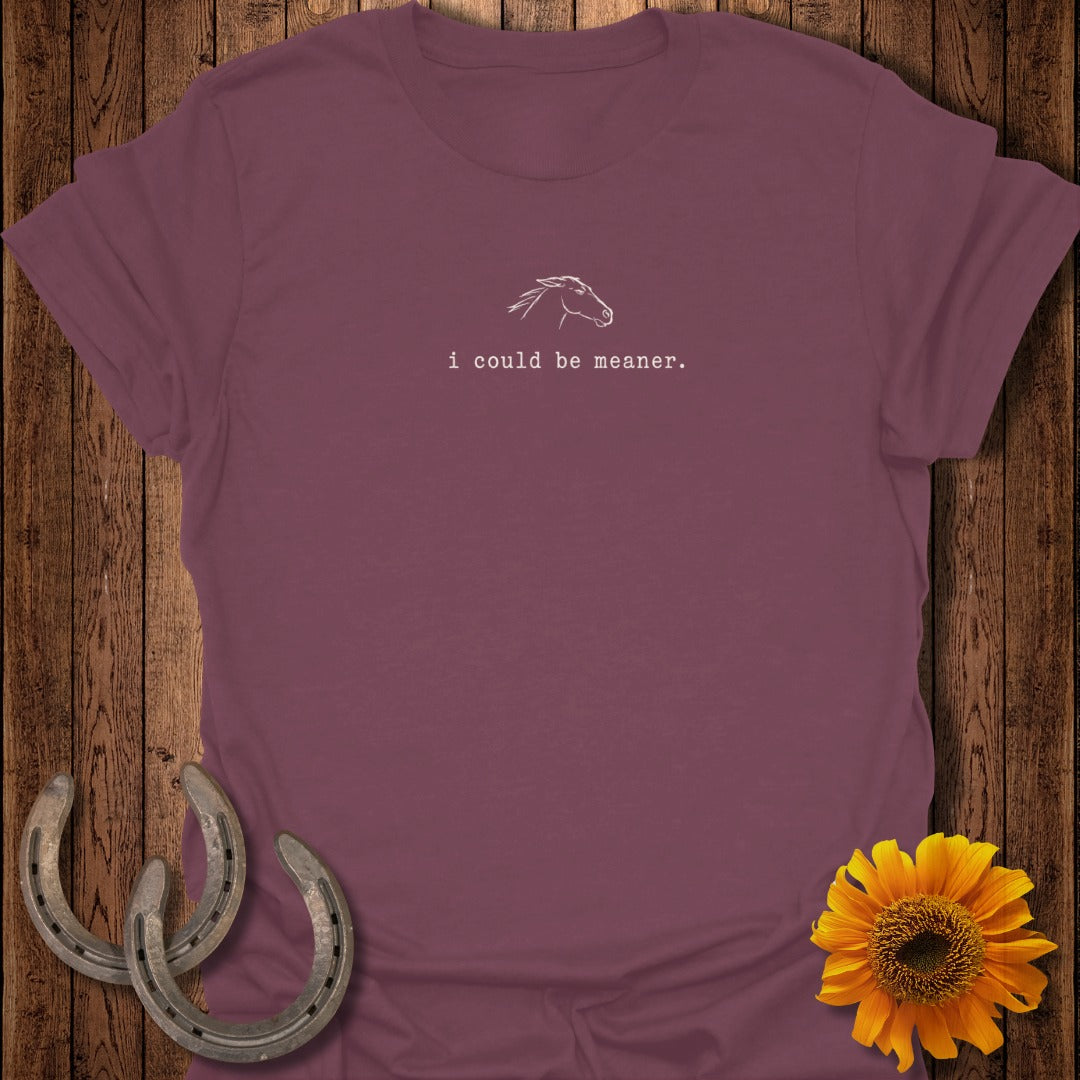 Burgundy t-shirt with white horse outline and "i could be meaner." text.