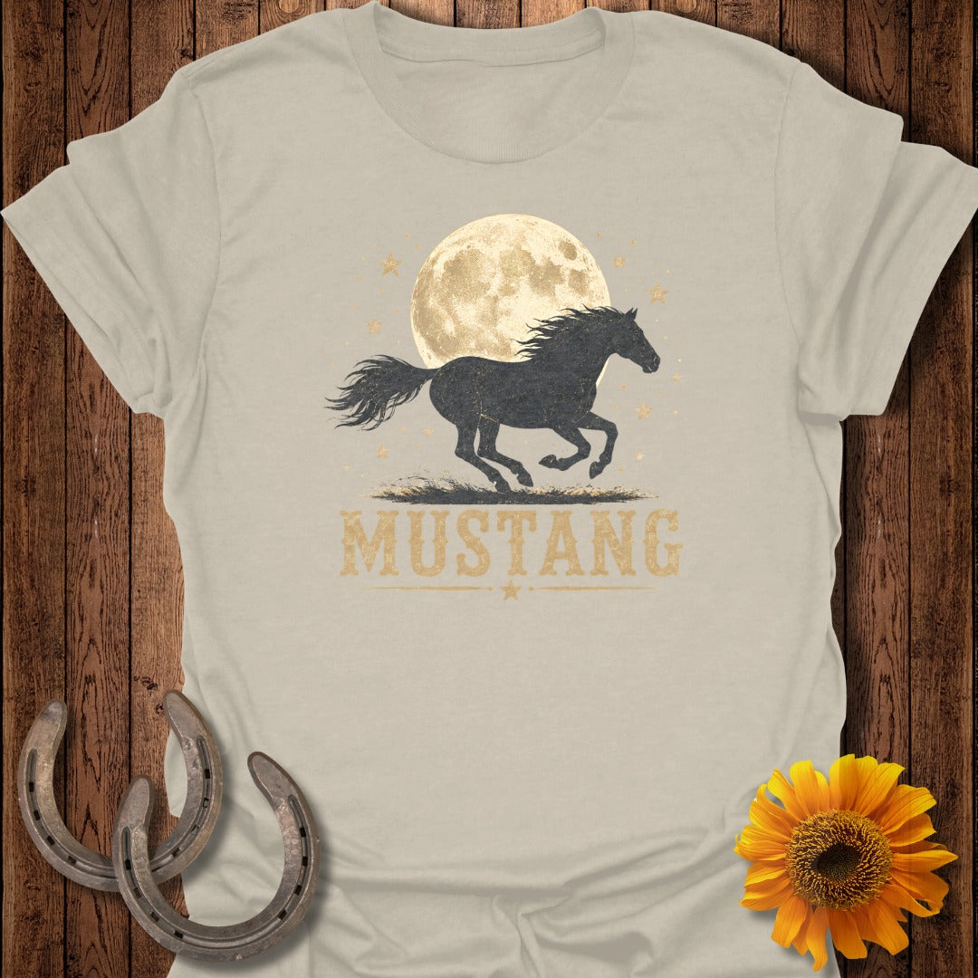 Black mustang silhouette galloping under a full moon with "Mustang" text.
