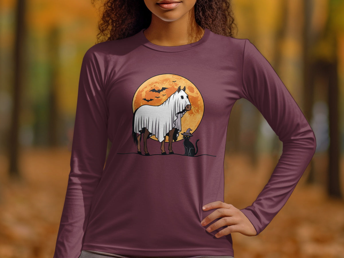 Ghost horse and witch hat cat graphic in front of orange moon and bats.