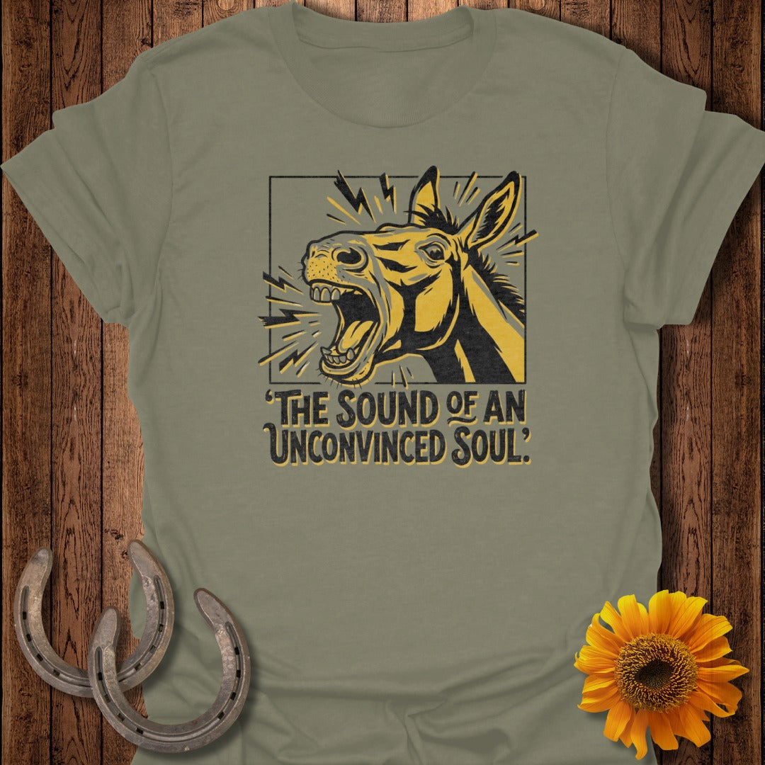 Donkey head graphic with text "The Sound of an Unconvinced Soul" on a t-shirt.